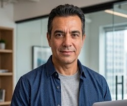 Man with dark hair in a blue shirt in an office