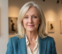 Woman with blonde hair in a teal blazer